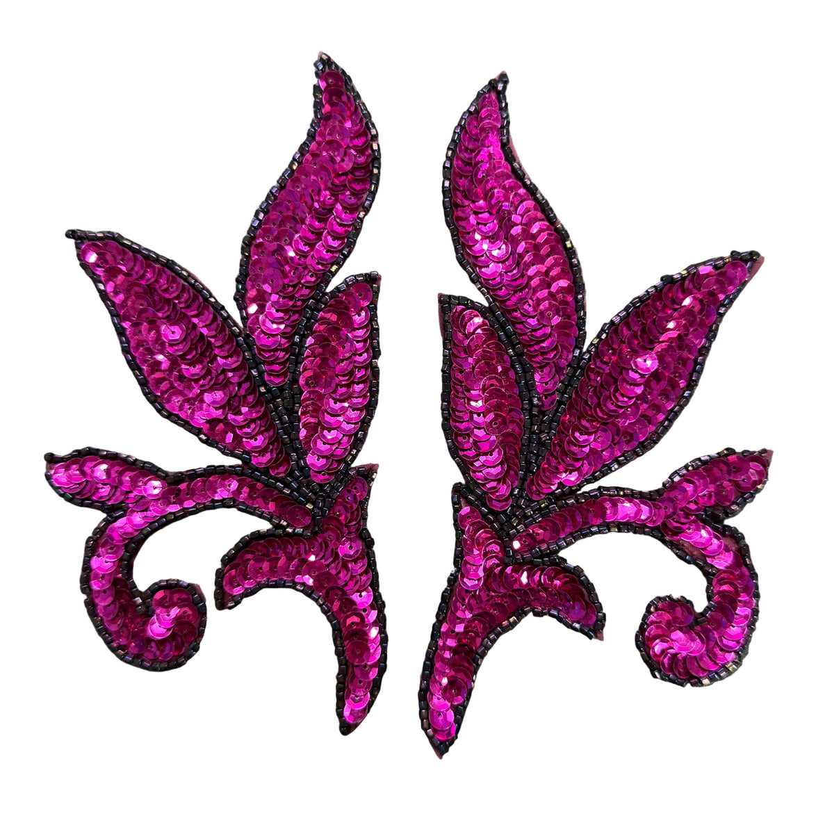 Leaf Appliqué Pair or Single - Fuchsia Sequins - Glass Beads 7" x 3.75”