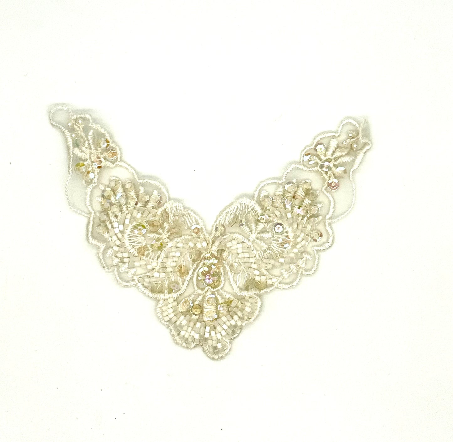 Designer Motif Neckpiece - Embroidery -Lace - White Beads - Iridescent Sequins 7" x 4.5"