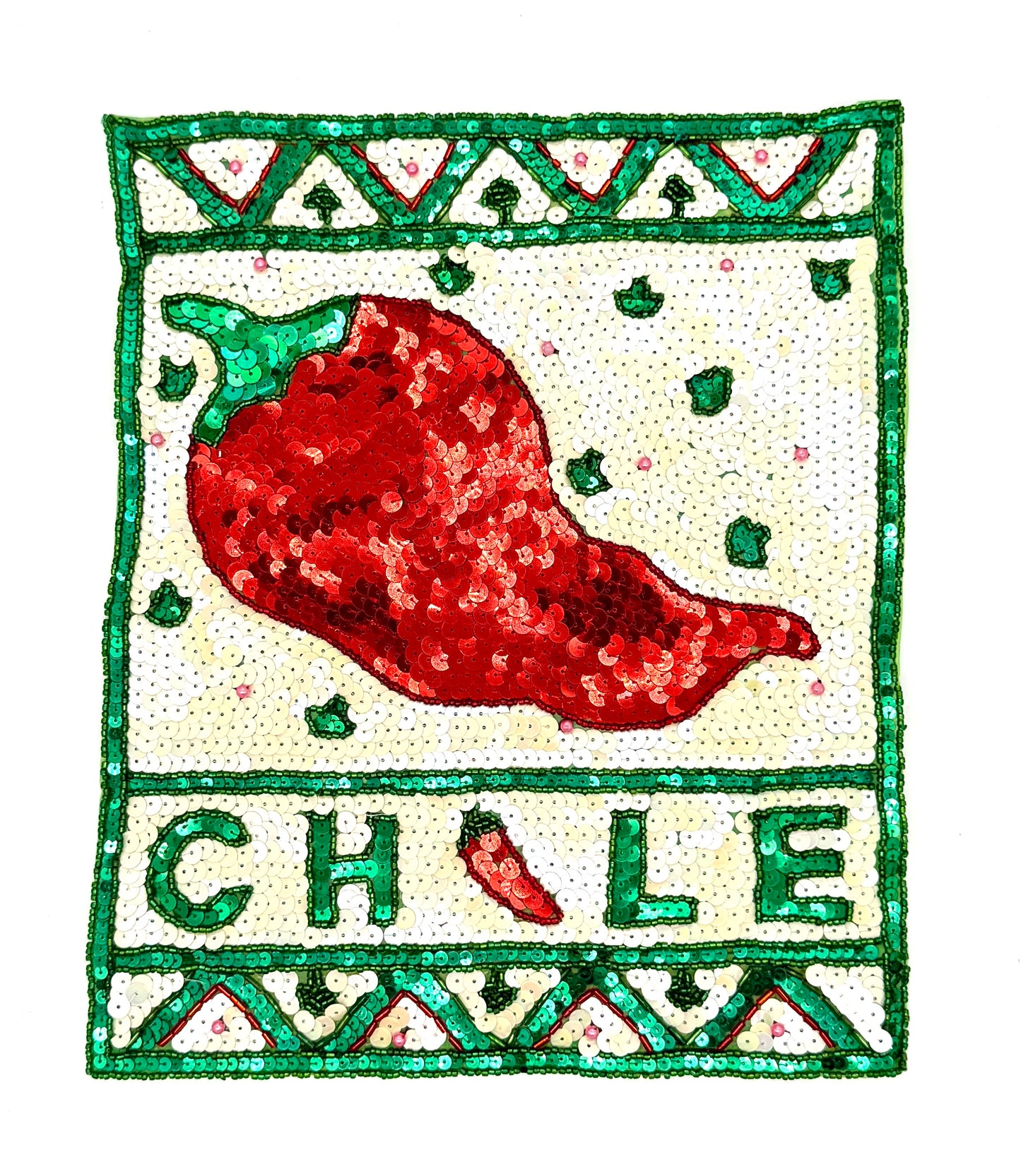 Cartel de chile con lentejuelas y cuentas beige, verdes y rojas de 30,5 cm x 25,4 cm