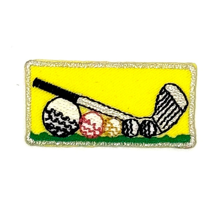 Palo de golf con bolas en el green, multicolor con bordado termoadhesivo plateado metálico de 5 x 2,5 cm