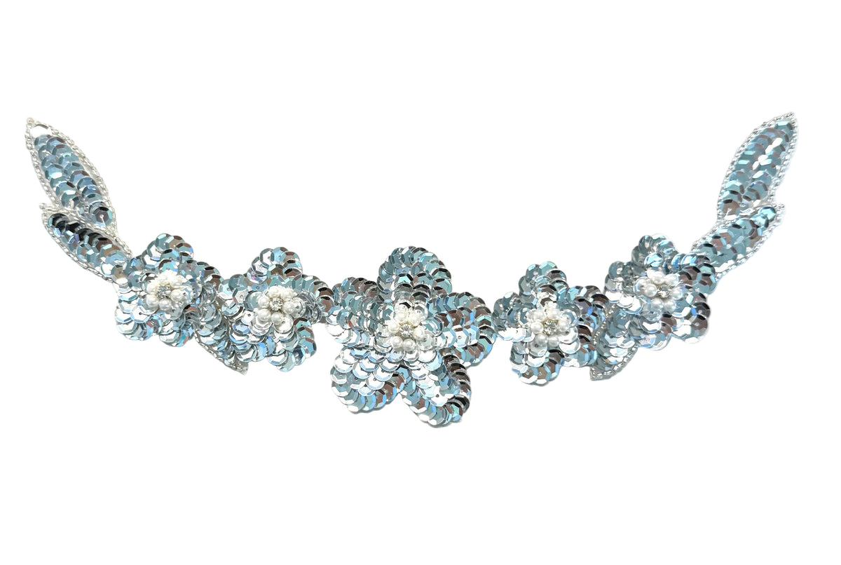 Flower Neckline Applique - Silver Sequins - Glass Beads - Pearls - Rhinestone Center 8" x 4"