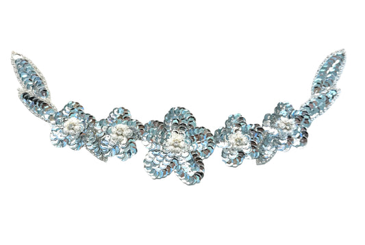 Flower Neckline Applique - Silver Sequins - Glass Beads - Pearls - Rhinestone Center 8" x 4"