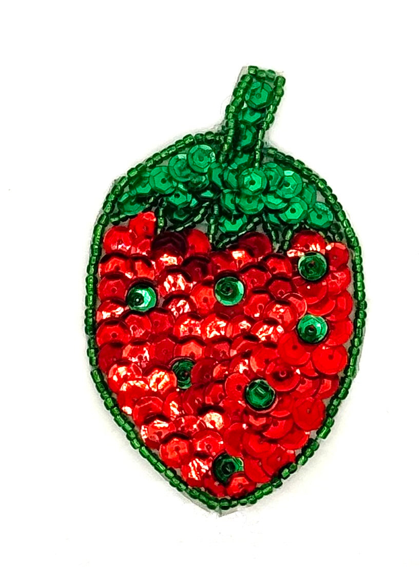 Strawberry Appliqué - Pre-Glued - Red/Green Sequins -Glass Beads 3" x 2"