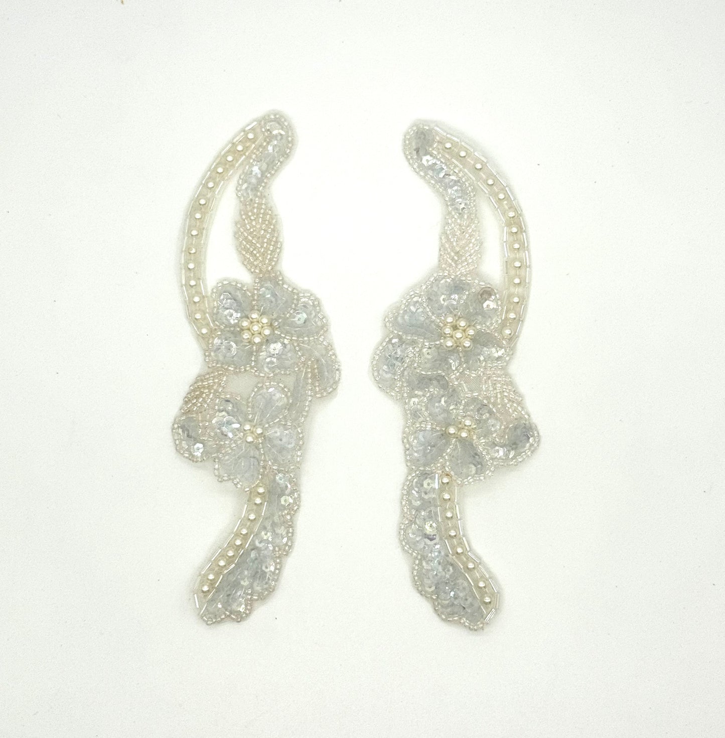 Designer Motif Flower Pair with Iridescent White Sequins, Beads and Pearls 6.5”x2.5”