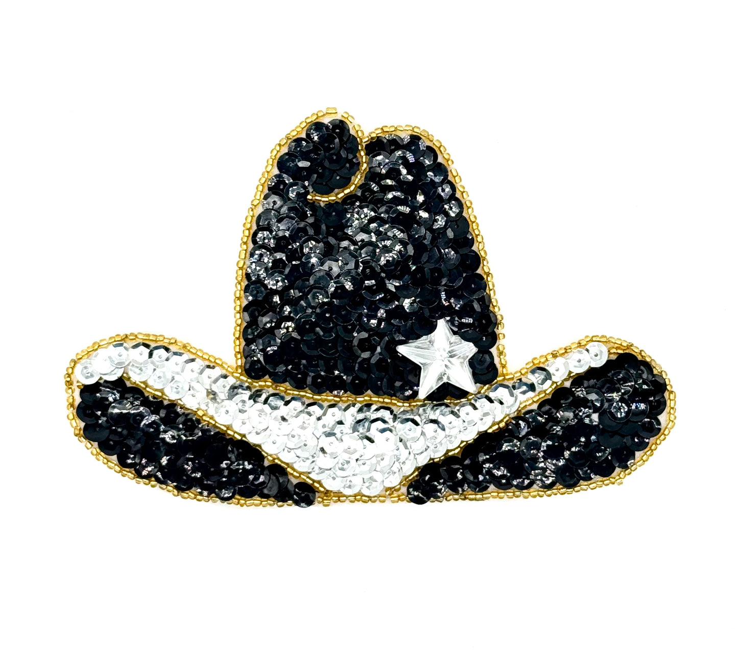 Cowboy Hat Appliqué with Black and Silver Sequins, Gold Beads and a Silver Star 6” x 4”