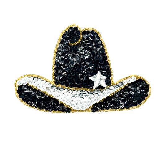 Cowboy Hat Appliqué with Black and Silver Sequins, Gold Beads and a Silver Star 6” x 4”