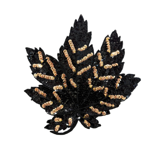 Black & Gold Leaf Sequin Appliqué – Sequins & Glass Beads 9" x 8.5"
