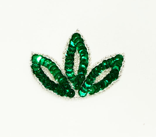 Three Leaf Motif with Emerald Green Sequins and Silver Beads 2.5" x 2"