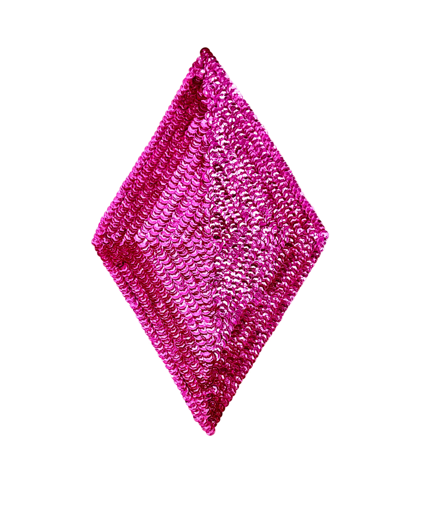 Fuchsia sequin diamond-shaped object on a white background