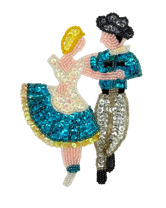 Square Dancing Couple Appliqué - Choice of tow Colors - Multicolored Sequins - Glass Beads   5.5" x 4"