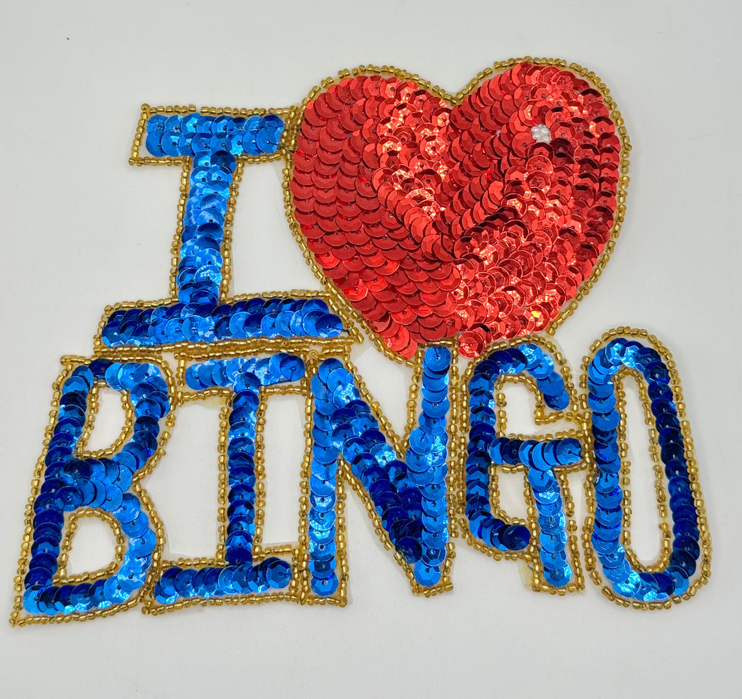 "I Love Bingo" Blue and Red Sequins and Gold and White Beads 5" x 7"