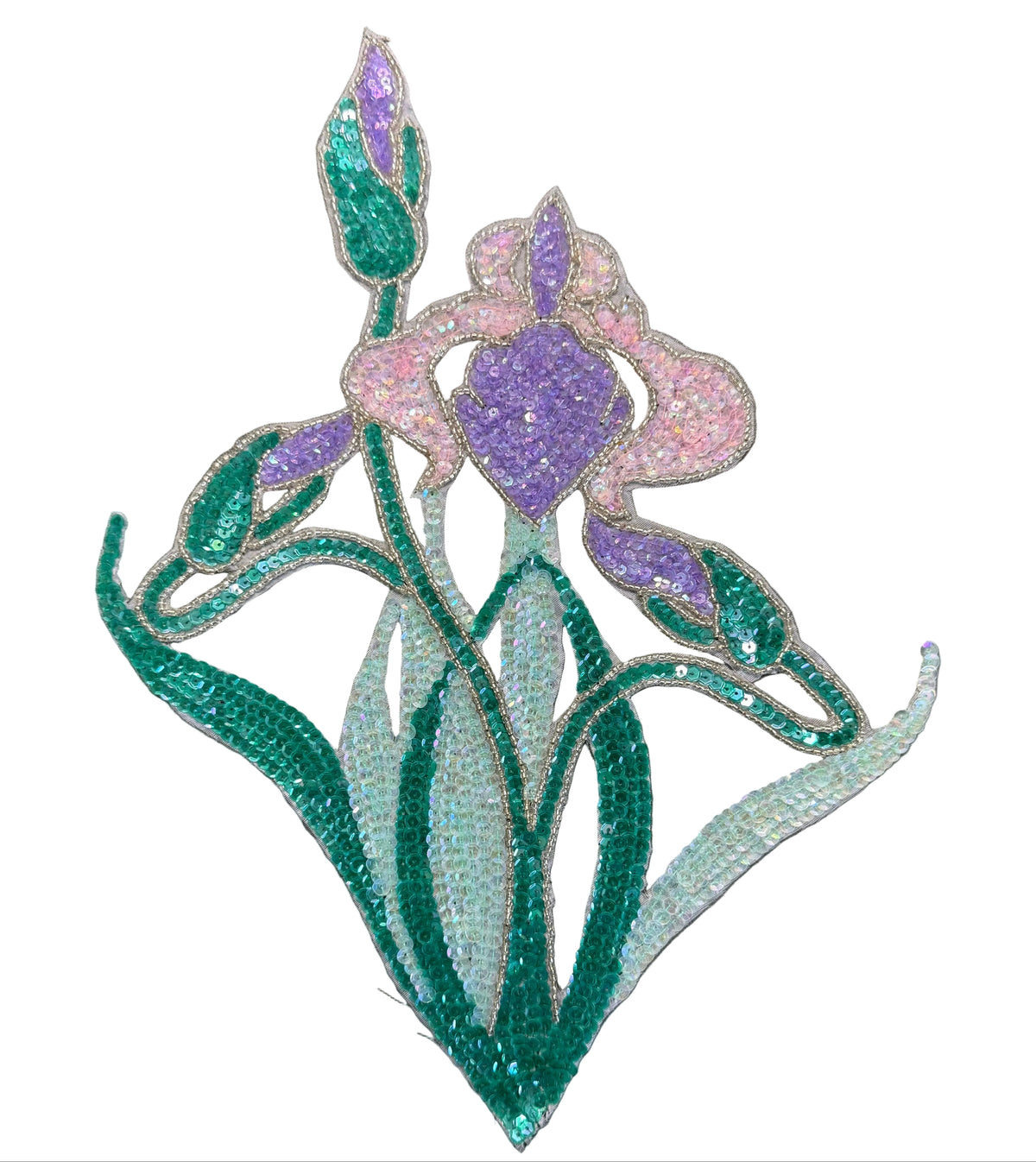 Iris Flower Sequin Appliqué – Iridescent Green, Lavender & Clear Sequins 13.75" x 11"