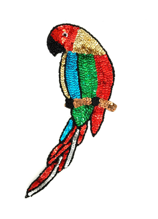 Parrot Percher on a Branch - Multicolored Sequins - Black/White Beads 9.5" x 4.5"