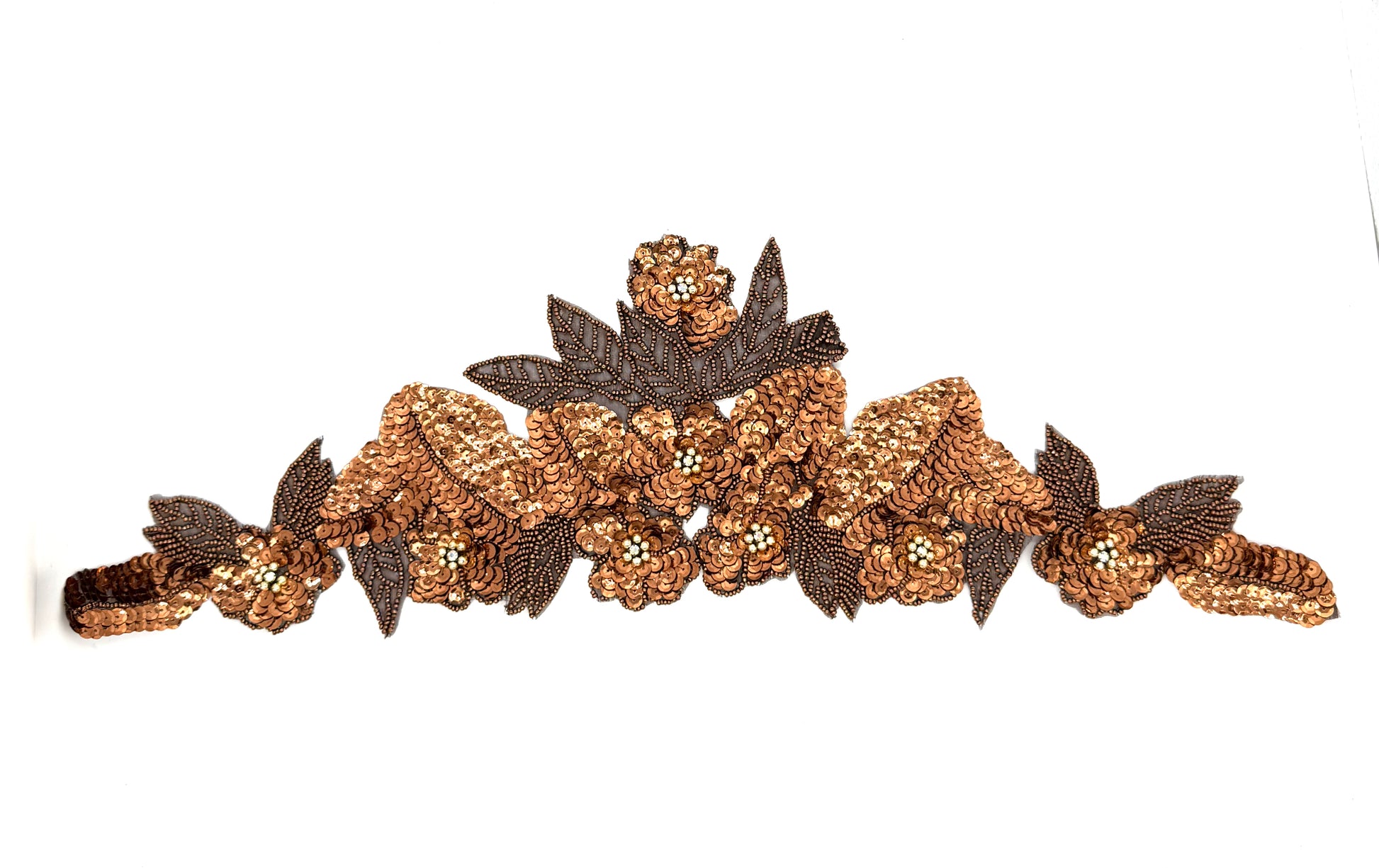 Decorative floral waistline or neckpiece with Bronze Sequins  and beads on a white background