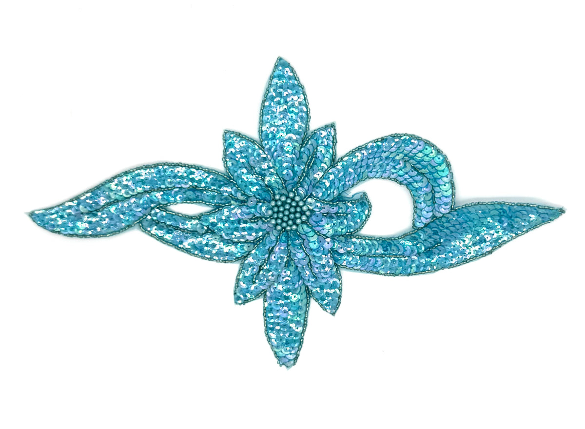 Flower Appliqué - Choice of Light or Dark Turquoise Sequins - Glass Beads 12.5" x 7.5"