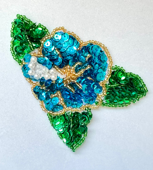 Flower Appliqué with Turquoise and Green Sequins, Green and Gold Glass Beads with a Pearl Cluster 3.5" x 2.5"