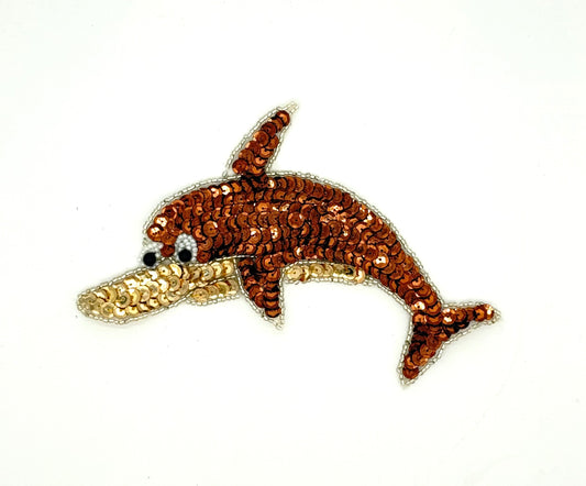 Dolphin Appliqué - Bronze/Gold Sequins - Silver Glass Beads