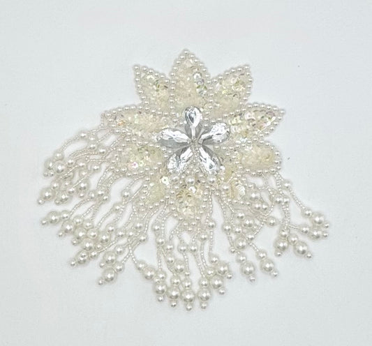 Epaulet with Iridescent Sequins, White and Silver Beads and 5 Clear Rhinestones in the Center -Choice of Size: 8" x 5.5" or 5”x 4”