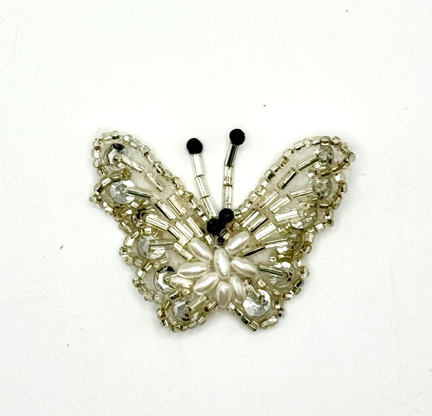Butterfly with Silver Sequins and Beads with Pearls 2" x 1.5"