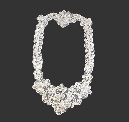 Designer Motif White Lace Appliqué - Pearls - Glass Beads 7" x 4"