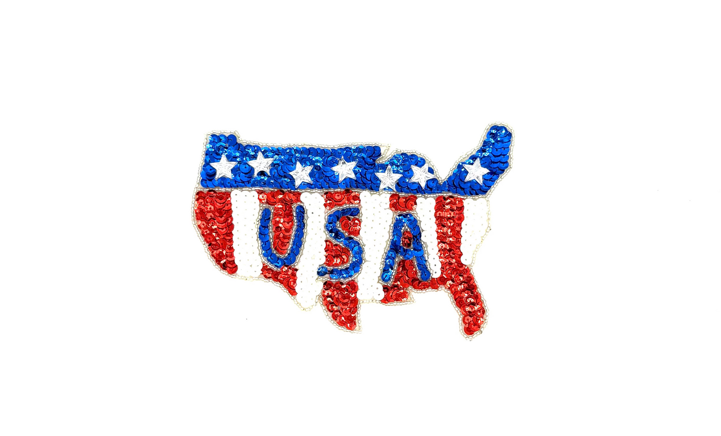 American Flag Appliqué in Shape of USA Map - Red/White/Blue Sequins - Silver Beads 7.5" x 5"
