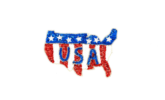 American Flag Appliqué in Shape of USA Map - Red/White/Blue Sequins - Silver Beads 7.5" x 5"
