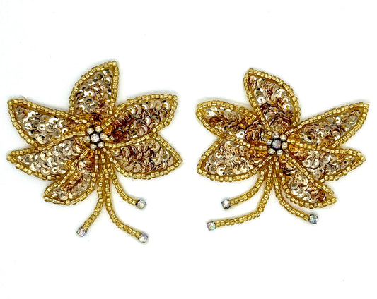 Gold Sequin & Beaded Flower Epaulet with AB Rhinestones – 3.5" x 3.5"