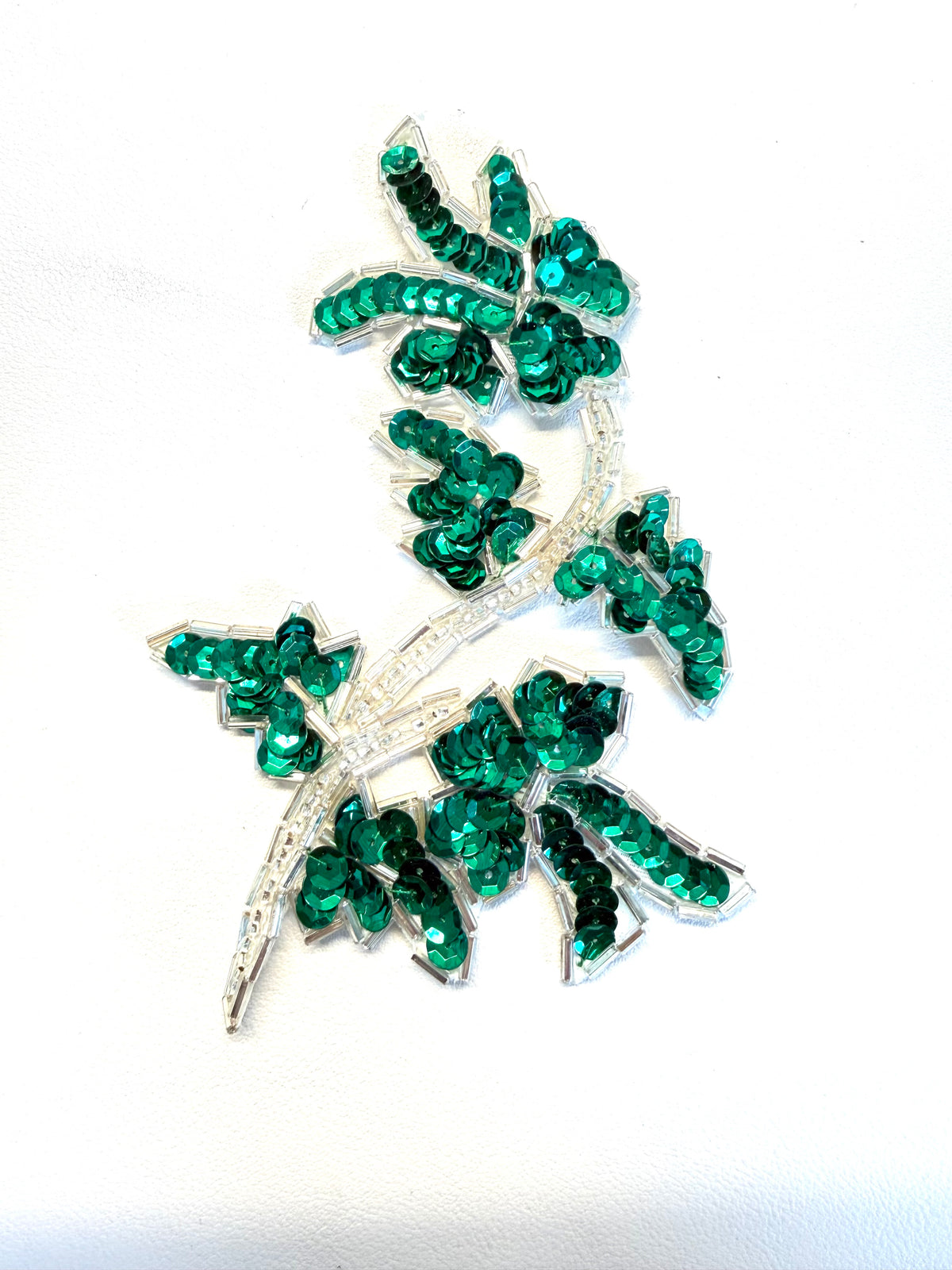 Emerald Green Sequin Flower Appliqué with Silver Beads, 5 x 4 in