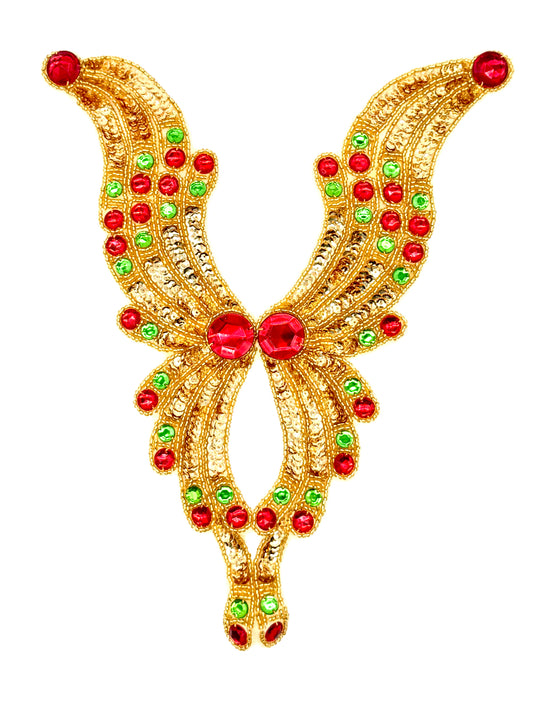 Designer Motif Bodice with Gold Sequins and Beads and Red and Green Rhinestones 12" x 9.5"