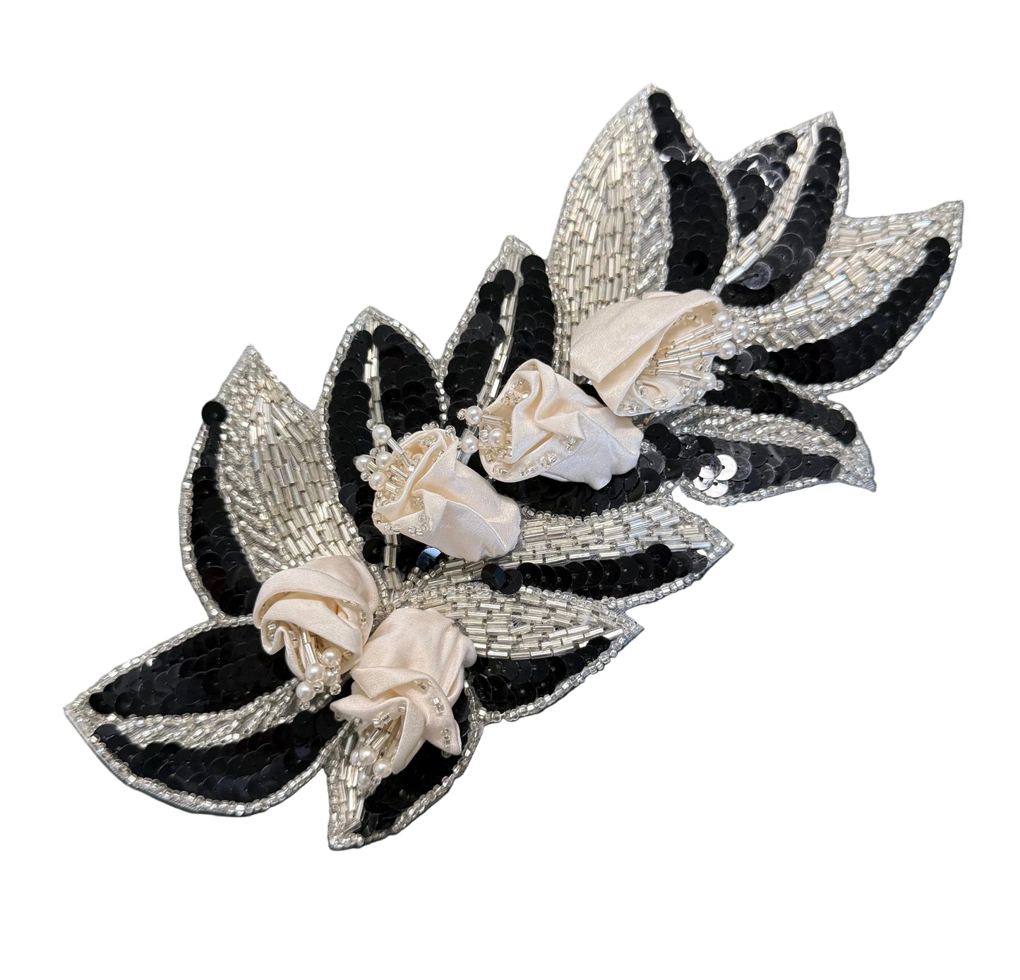 Black Sequin Flower Appliqué with Satin Bow & Beads 9" x 4.5"