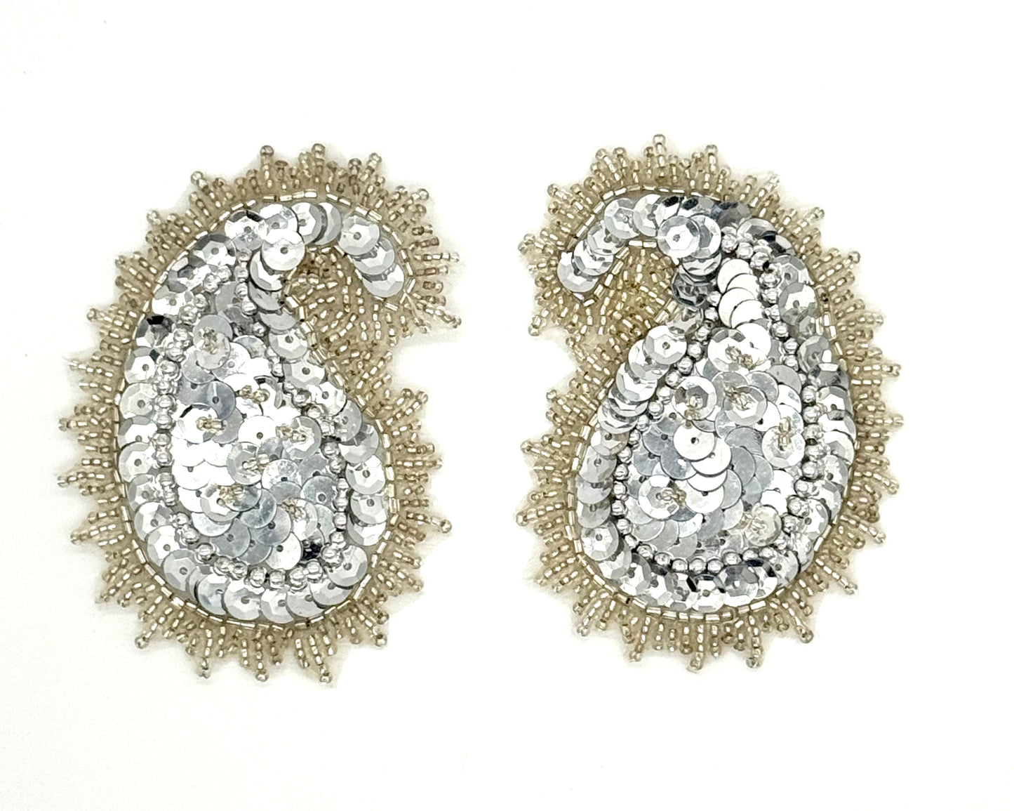 Designer Motif Paisley Pair - Silver Sequins - Silver Beads 3.25”x 2.25”