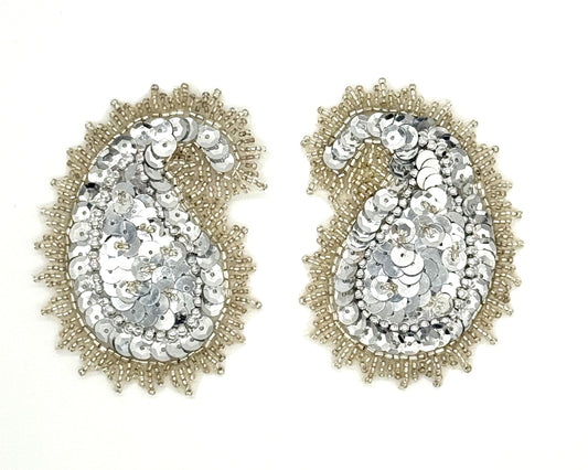 Designer Motif Paisley Pair - Silver Sequins - Silver Beads 3.25”x 2.25”
