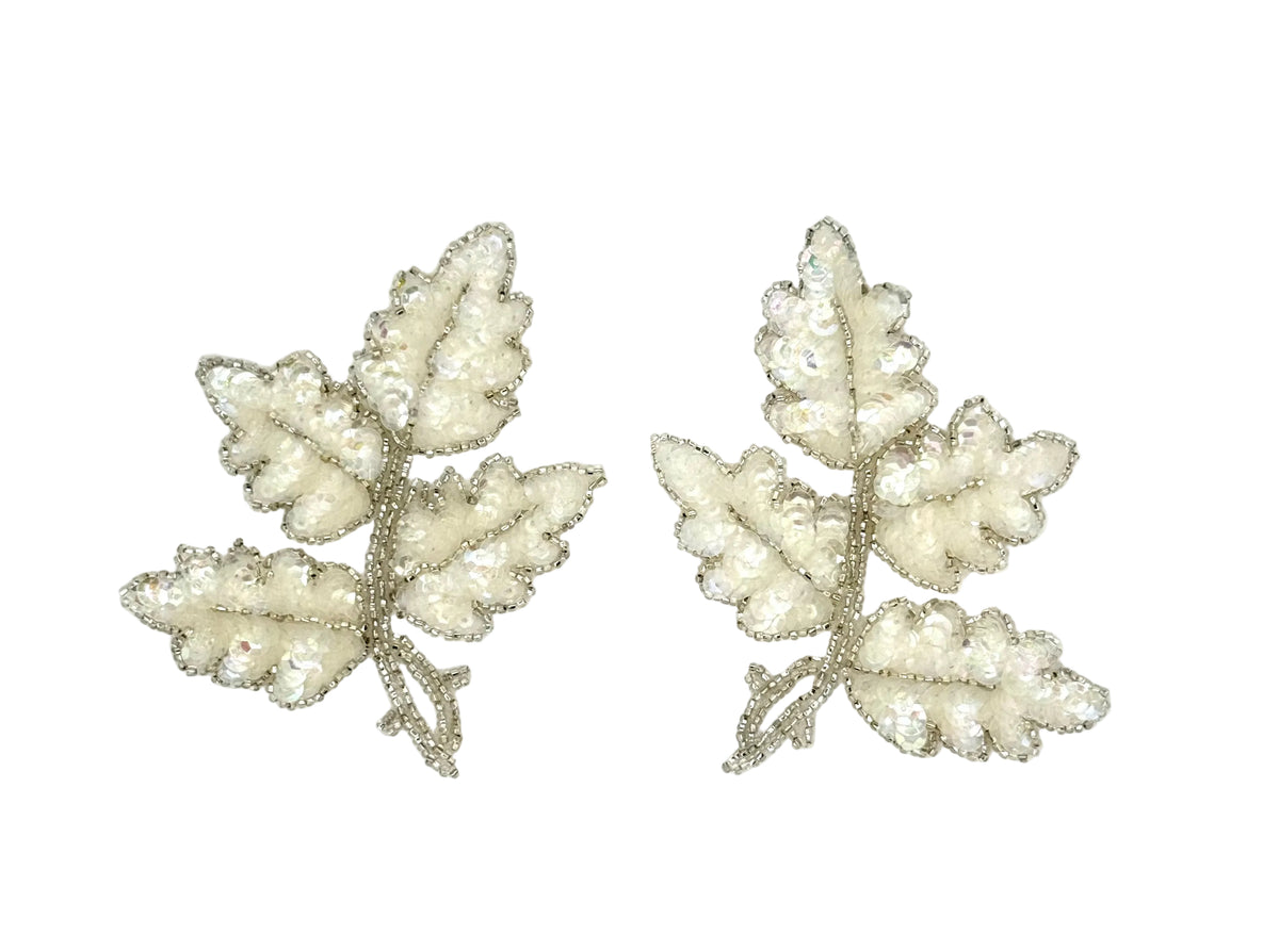 Iridescent Sequin Leaf Pair Appliqué - Silver Beads - 5" x 4"
