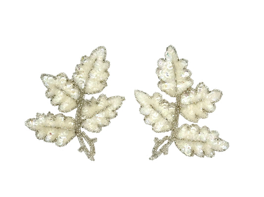 Iridescent Sequin Leaf Pair Appliqué - Silver Beads - 5" x 4"