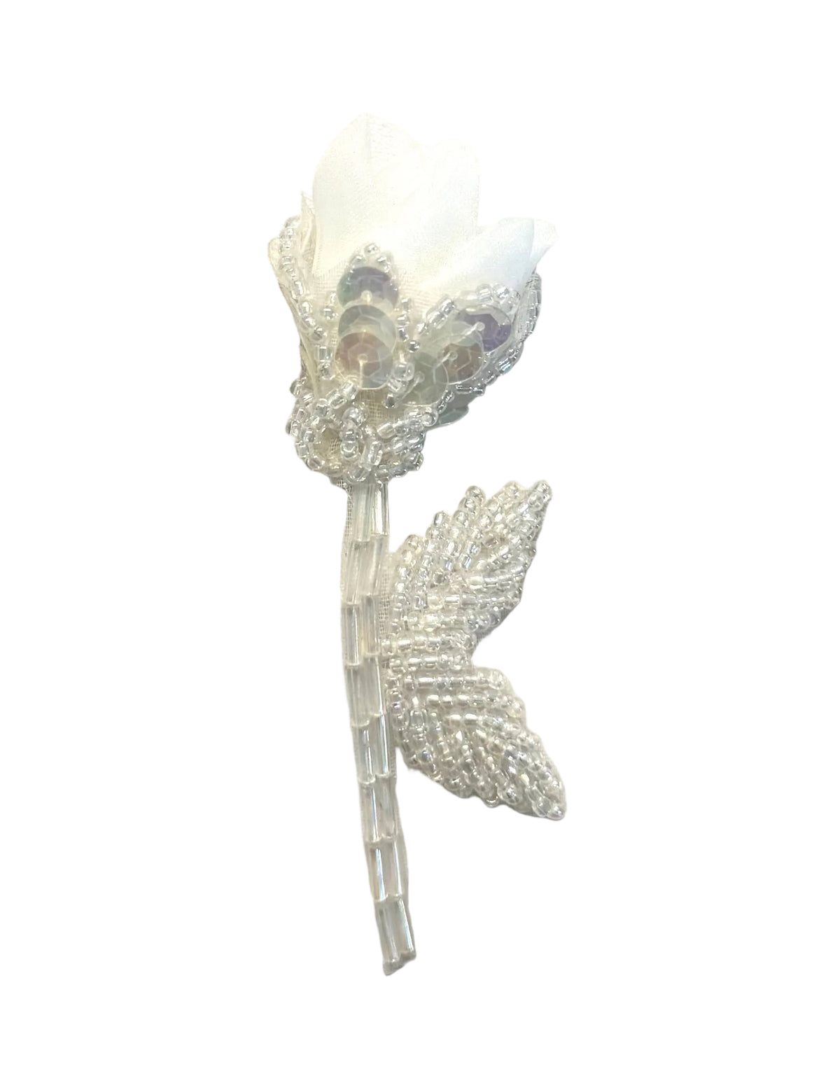 Flower Applique - Iridescent White Sequins - Bugle & Glass Beads 3.5" x 1.5"