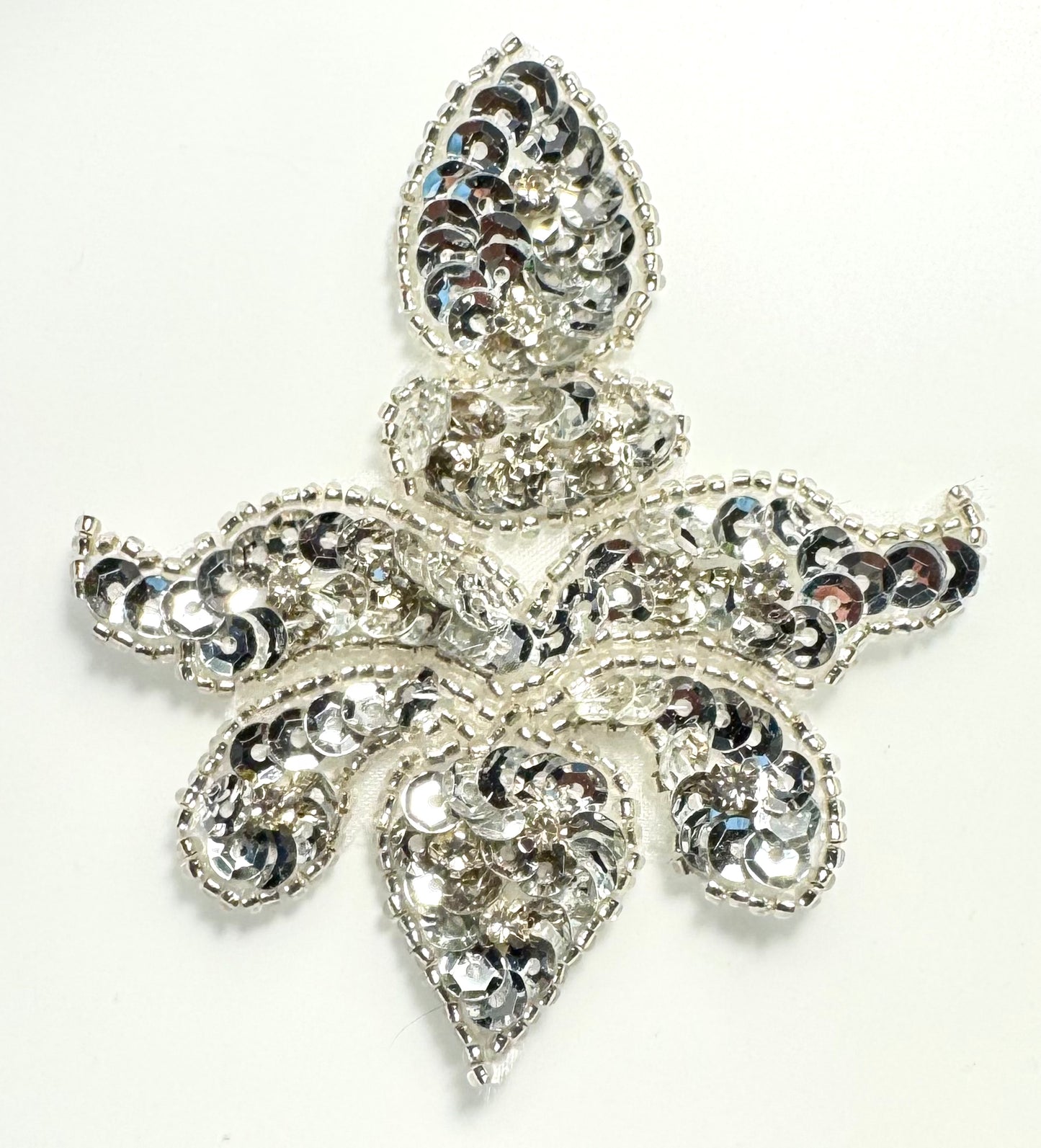 Fleur De Lis with Silver Sequins and Beads and Rhinestones 3.5" x 3"