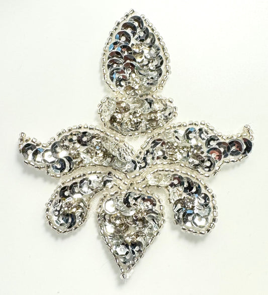 Fleur De Lis with Silver Sequins and Beads and Rhinestones 3.5" x 3"