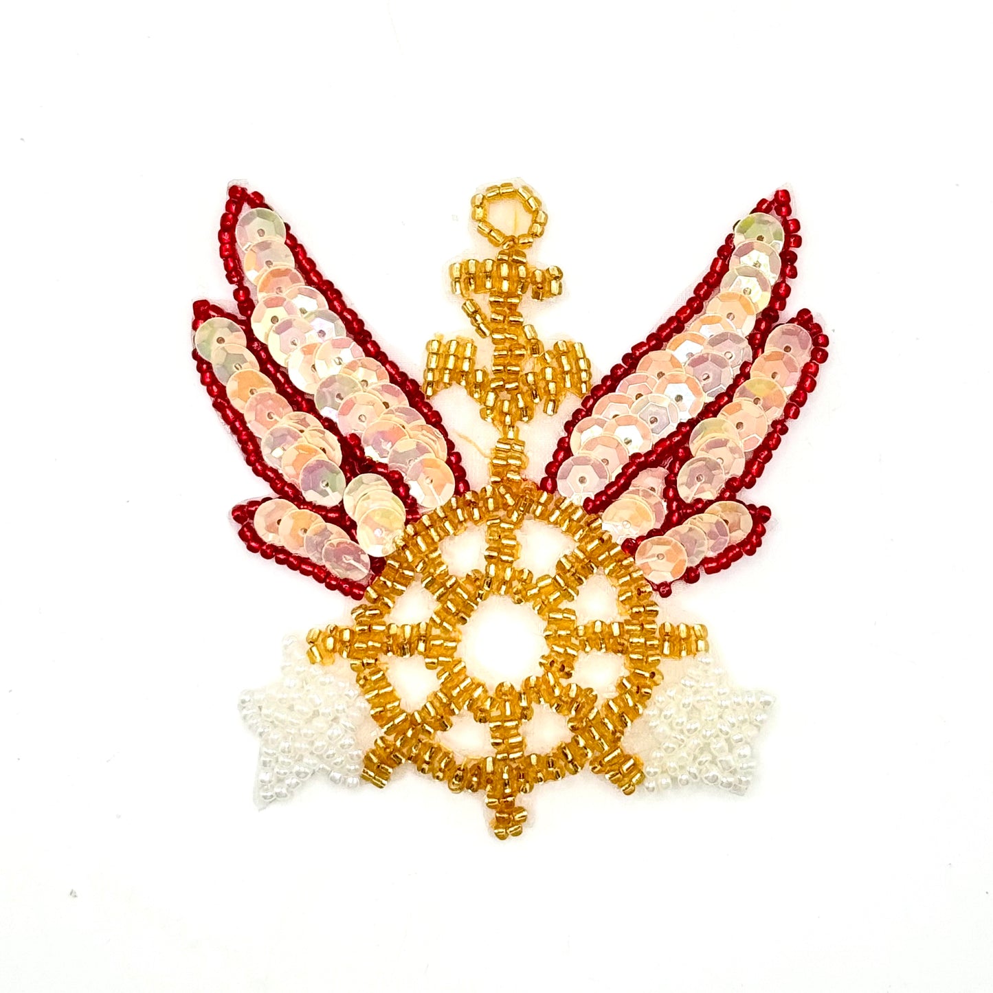 Parche de Ancla con Rueda (Timón), Alas y Estrellas - Lentejuelas Beige Iridiscentes con Cuentas Doradas, Rojas y Blancas 3.5" x 3.25"