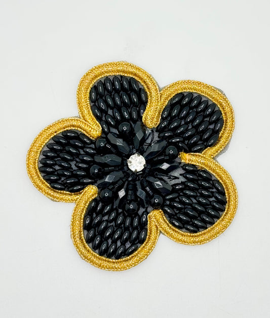 Flower with Black Beads with Gold Embroidery Thread Trim and a Center Rhinestone 3.25"