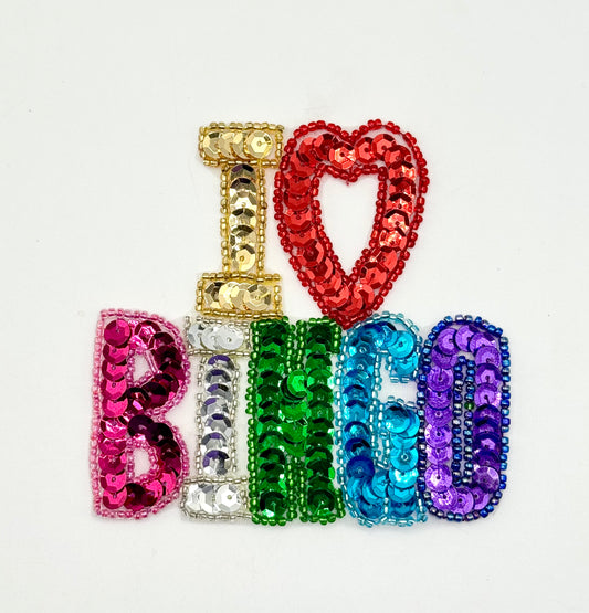 "I Love Bingo" with MultiColored Sequins and Beads 3.5" x 3.5"