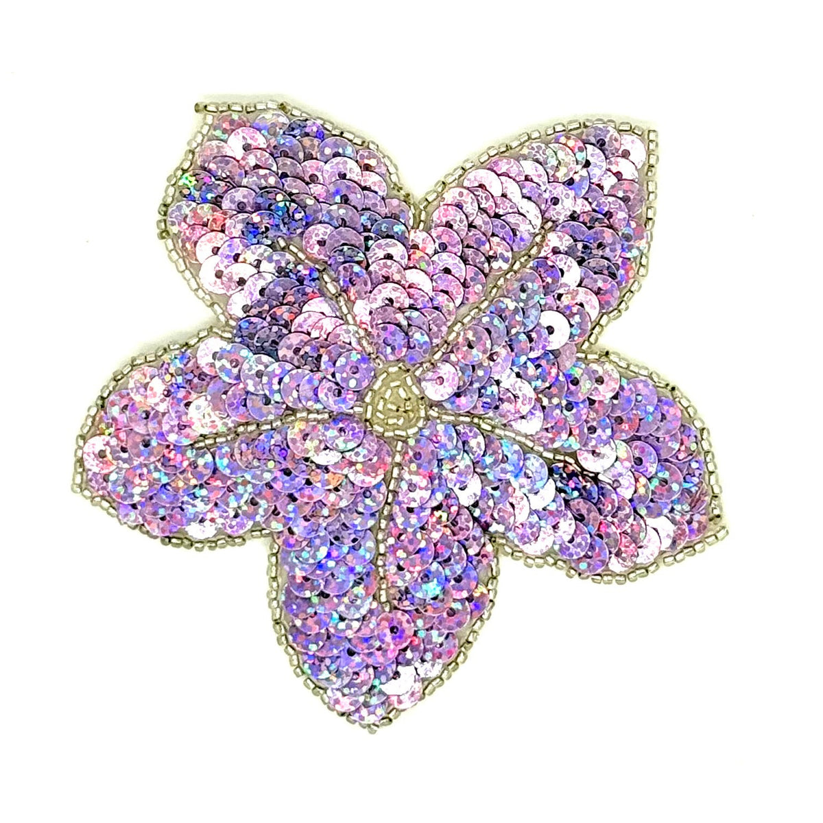 Flor con lentejuelas y cuentas brillantes de color púrpura claro de 4.25" x 4.25"