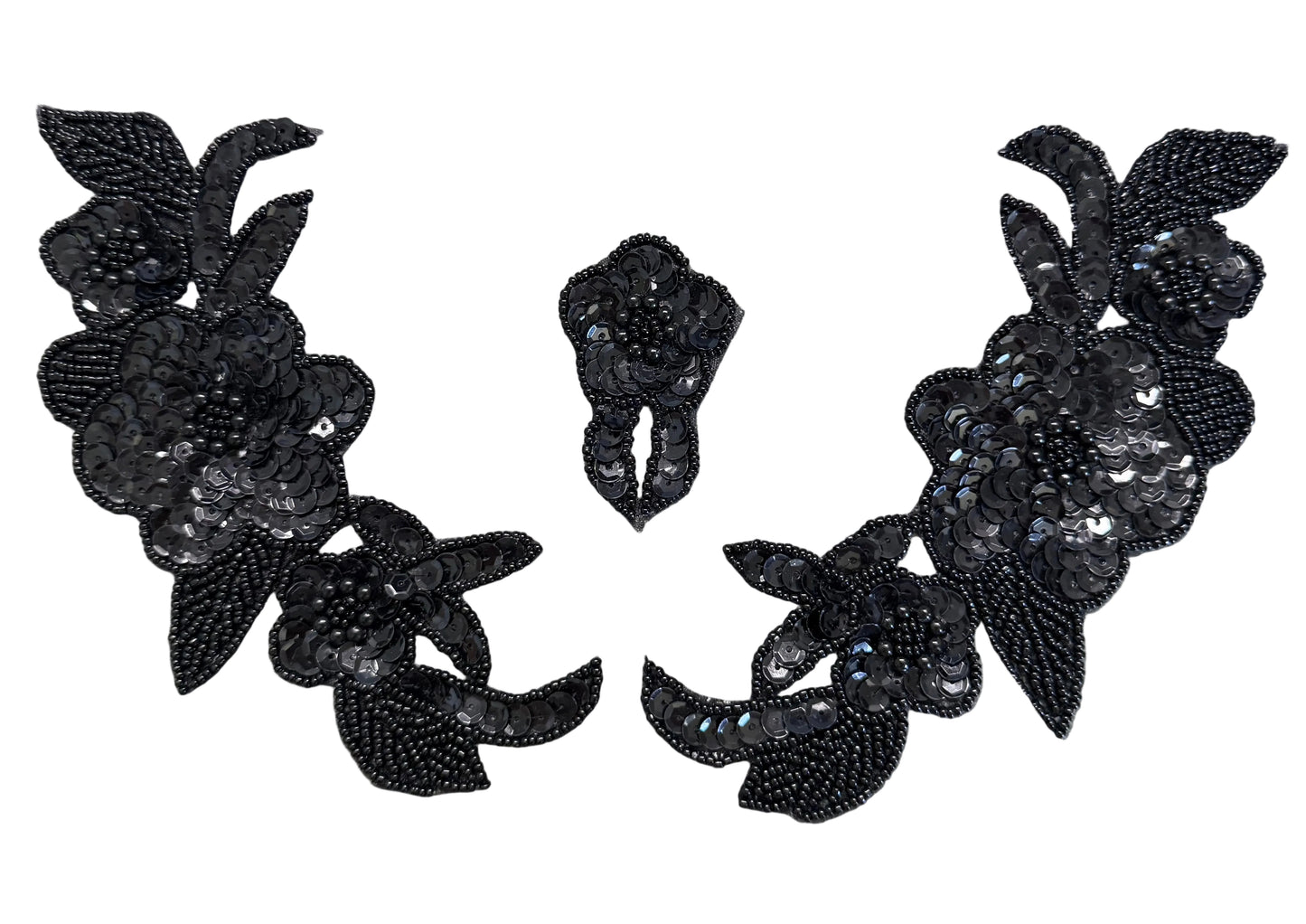 Flower Pair Appliqué - Black Sequins - Black Beads 7" x 3.25"