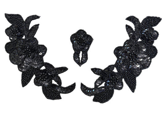 Flower Pair Appliqué - Black Sequins - Black Beads 7" x 3.25"