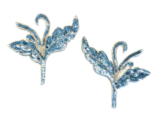 Ice Blue Sequin & Beaded Flower Appliqué Pair, 6.5" x 6"