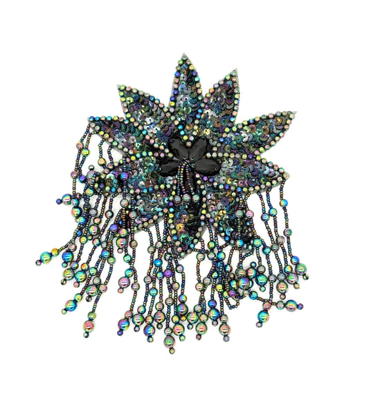 Epaulet Flower - Moonlight Sequins/Beads - Teardrop Shape Black Rhinestones 8”x 5.5”