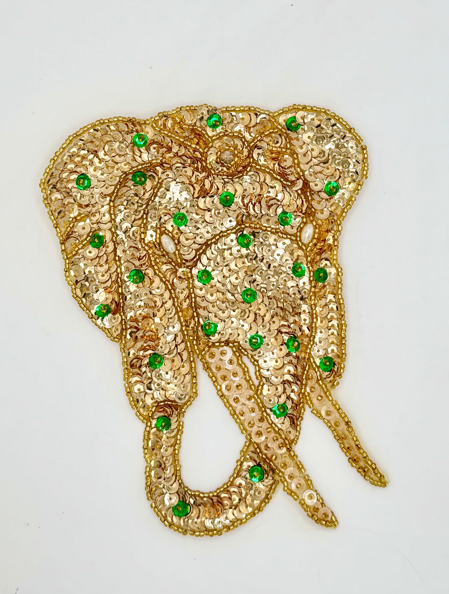 Gold Elephant with Green, Gold and Ivory Sequins, Gold Beads, Pearl Eyes and a Rhinestone 6" x 5"