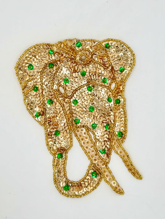 Gold Elephant with Green, Gold and Ivory Sequins, Gold Beads, Pearl Eyes and a Rhinestone 6" x 5"
