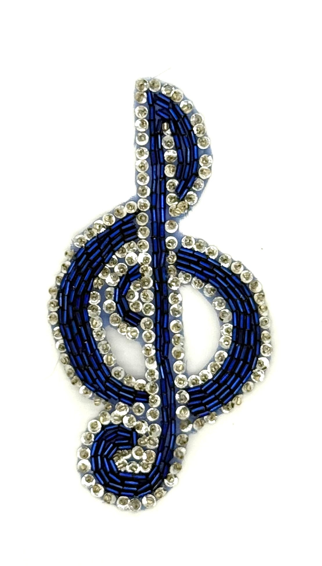 Musical Treble Clef Appliqué  - Navy Bugle Beads - Silver Sequins Trim 5" x 3"