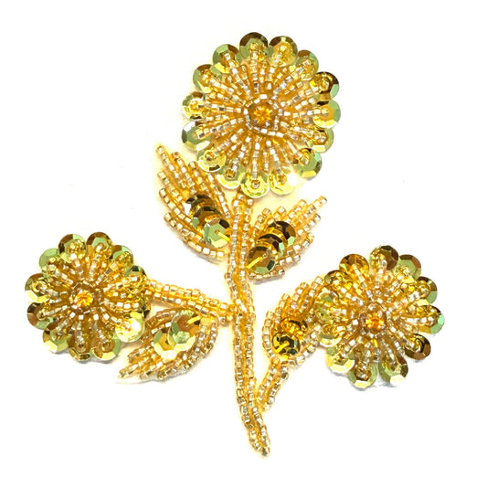 Gold Sequin Flower Appliqué with Silver Beads & Rhinestones, 3.5"