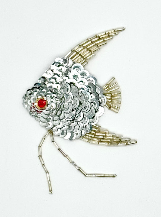 Fish with Silver Sequins, Beads and a Red Beaded Eye 3" x 3"